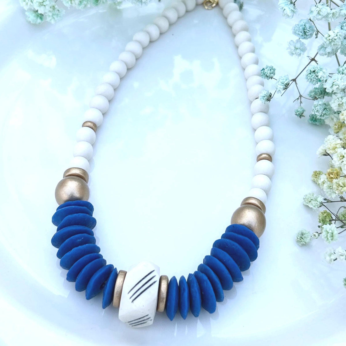Blue Statement Necklace Ashanti Glass Beads Bone & Wooden Bead Jewelry