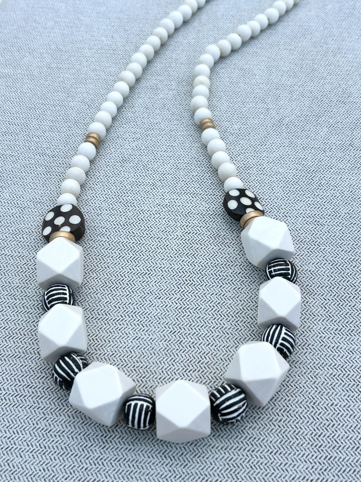 Chunky Wooden Bead Statement Necklace: Black & White Geometric Design