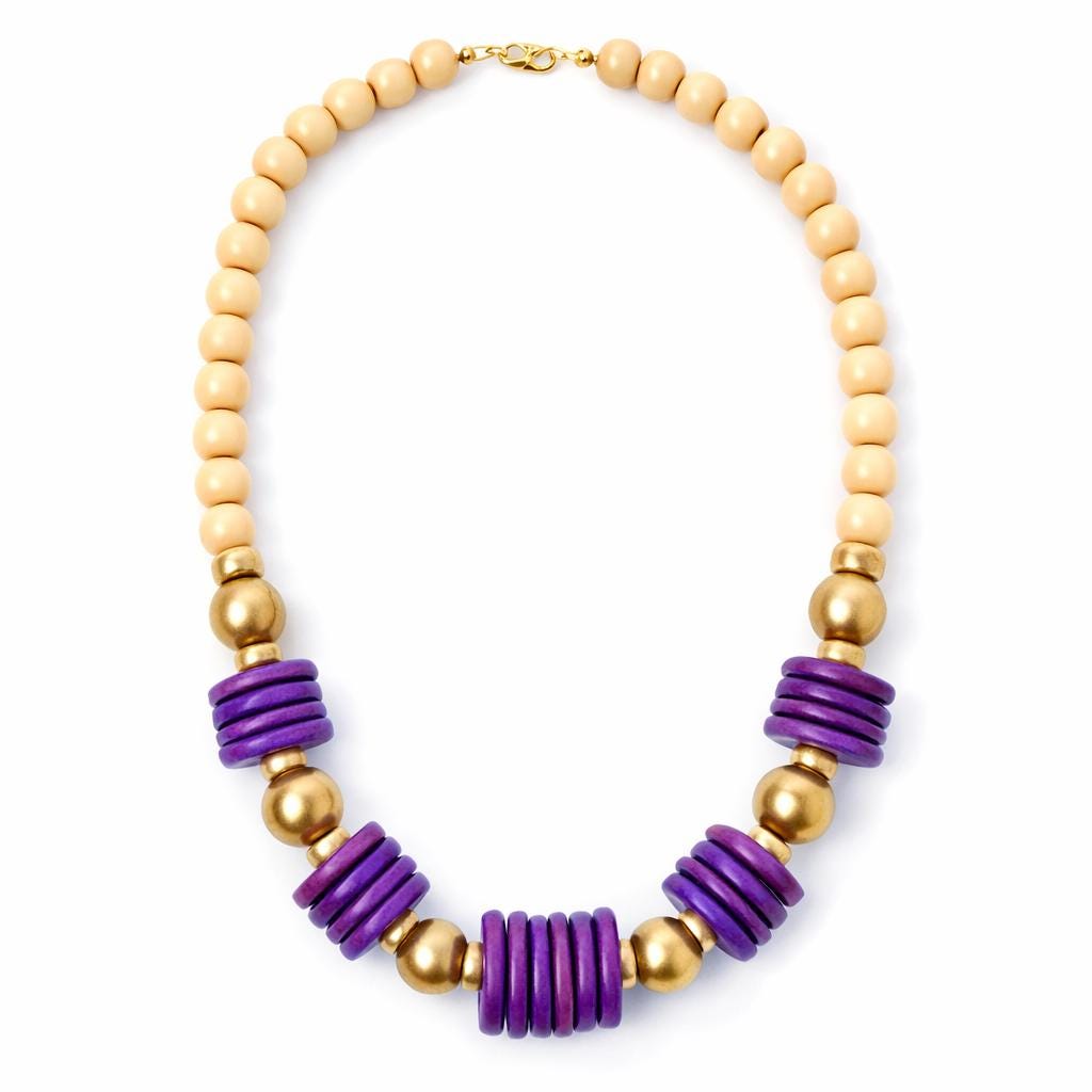 Purple Yellow Gold Wood Beaded Statement Necklace: Game Day Jewelry