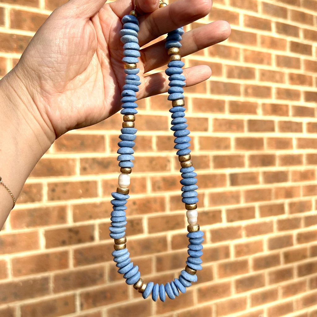 Blue Beaded Statement Necklace: Ashanti Glass Beads and Pearls, UNC Game Day Jewelry