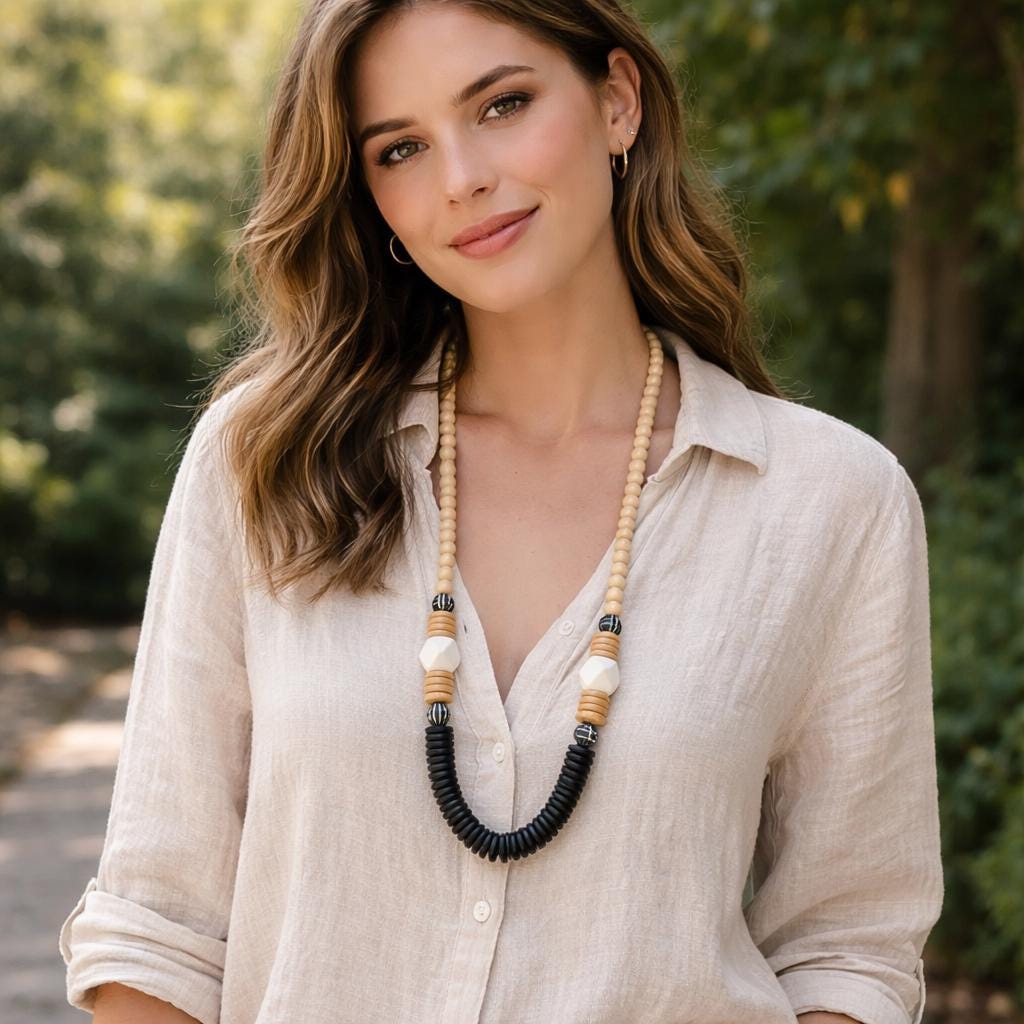 Black and White Chunky Wooden and Bone Bead Statement Necklace Geometric Design