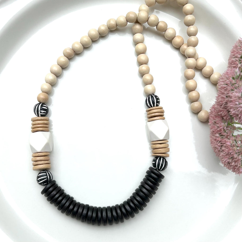 Black and White Chunky Wooden and Bone Bead Statement Necklace Geometric Design