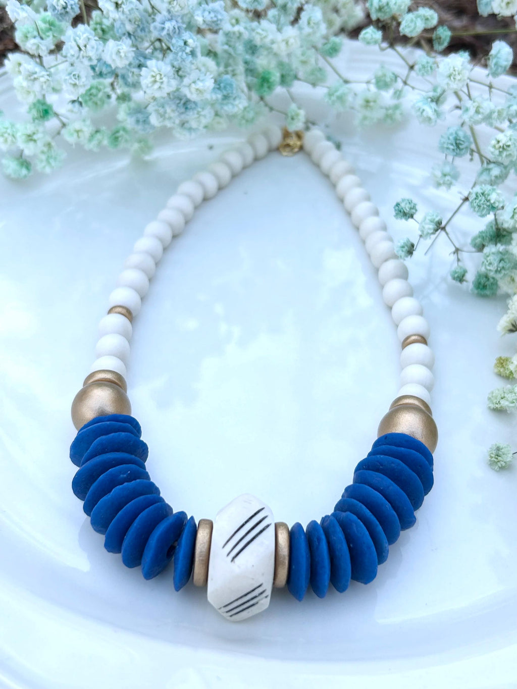 Blue Statement Necklace Ashanti Glass Beads Bone & Wooden Bead Jewelry