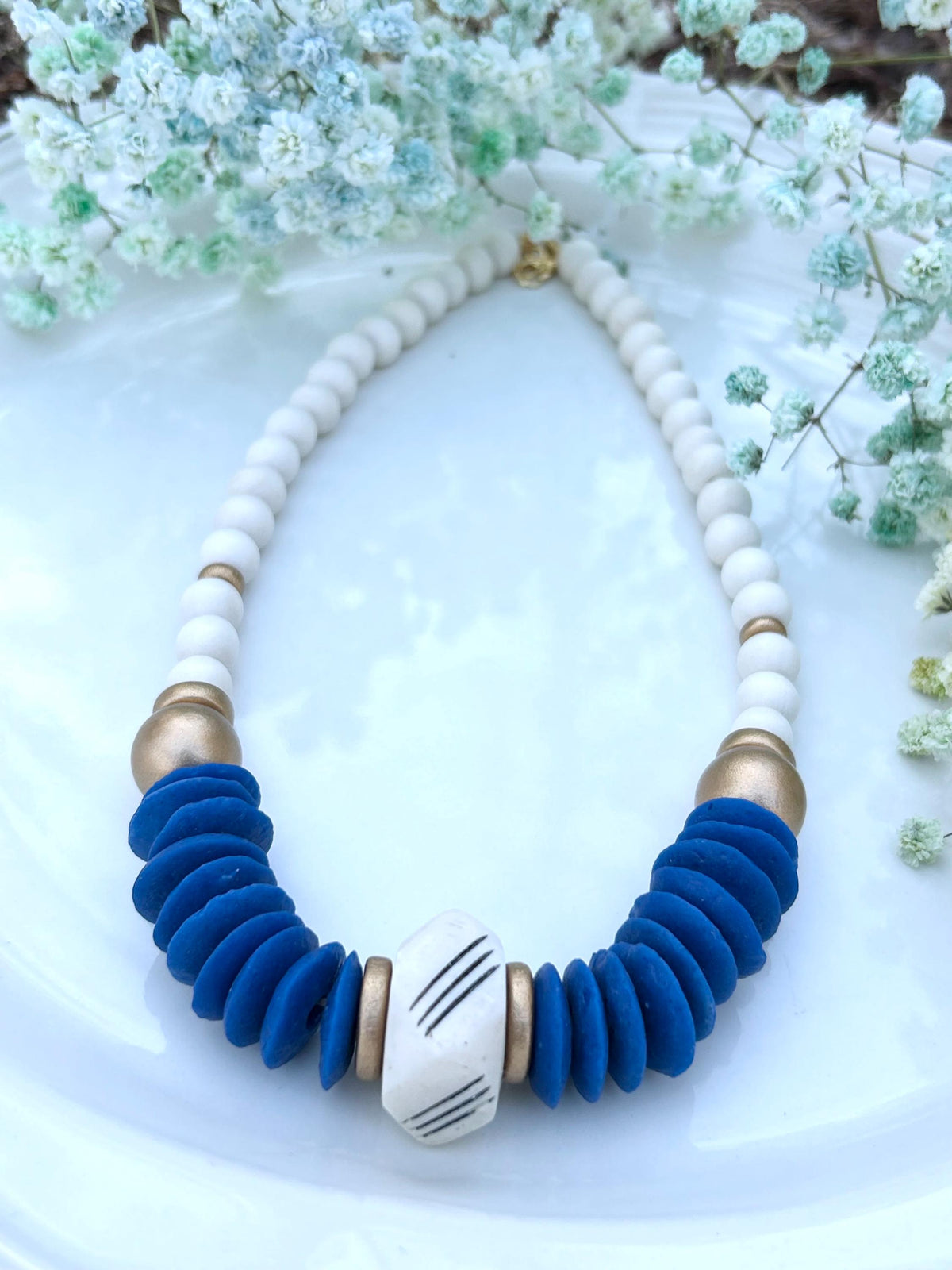 Blue Statement Necklace Ashanti Glass Beads Bone & Wooden Bead Jewelry