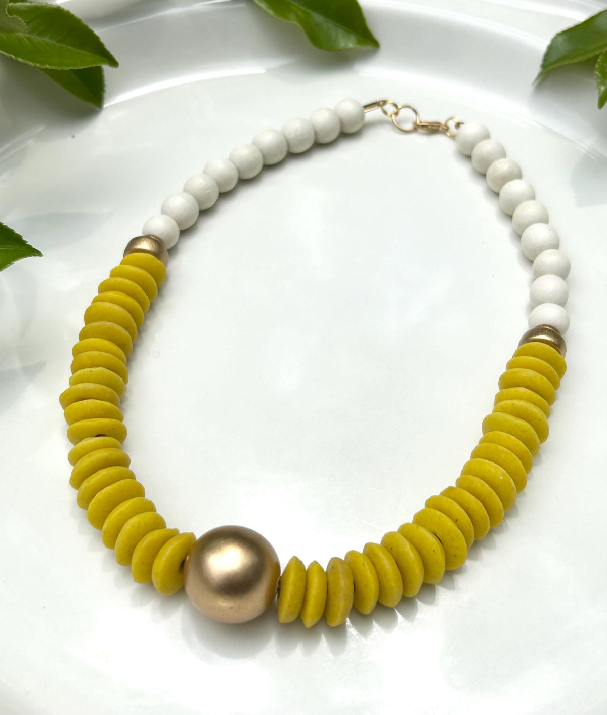 Statement Necklace, Pink, Yellow, White Ashanti Glass Beads, Golden Focal Bead