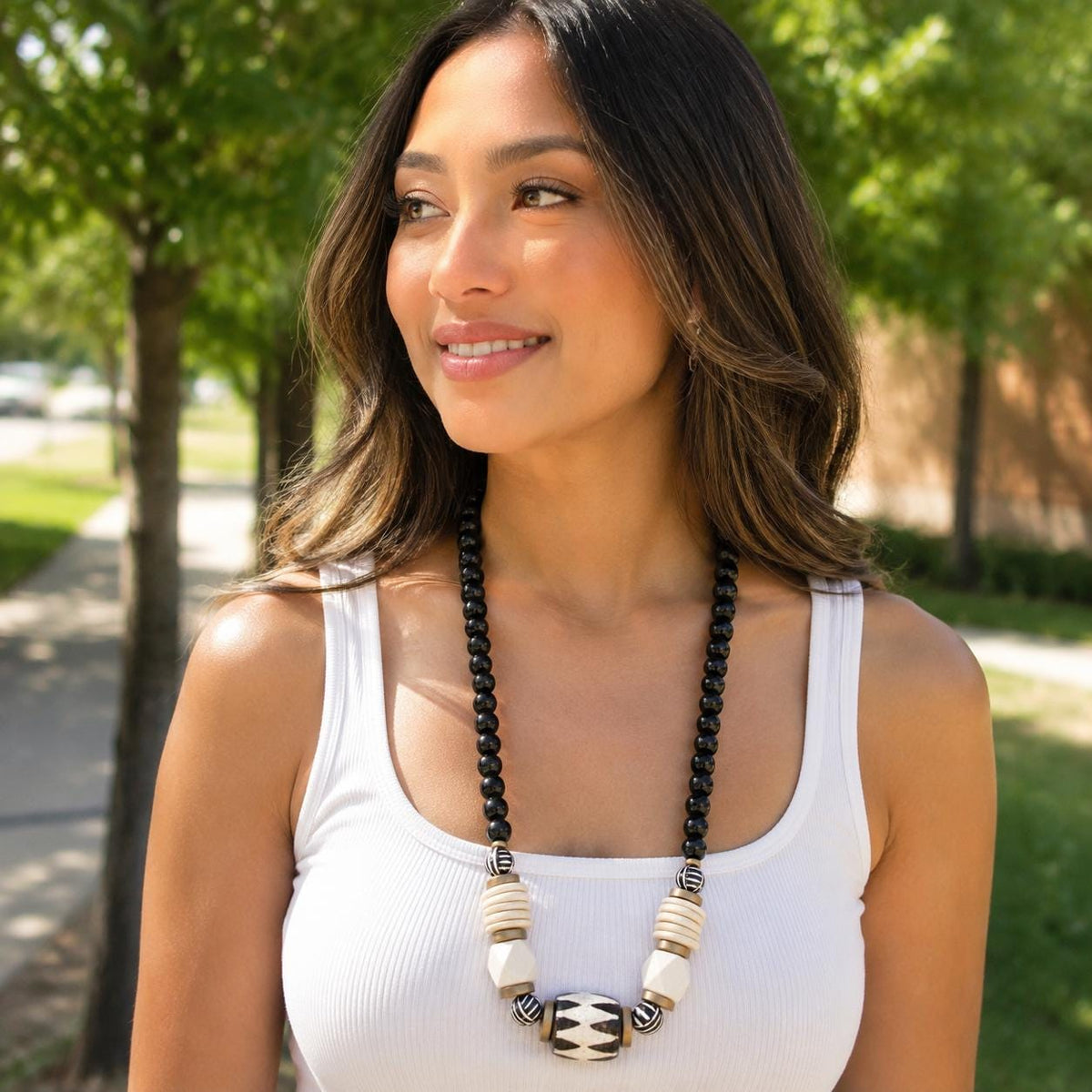 Fall Chunky Wooden and Bone Bead Statement Necklace Black & White Geometric Design