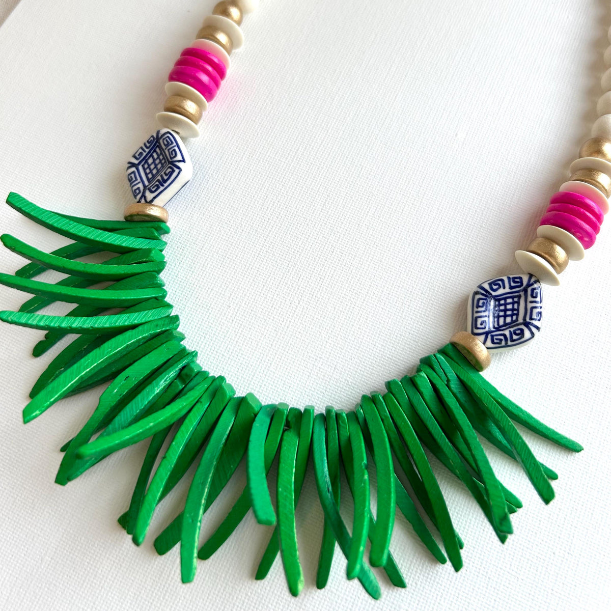 Handmade Beaded Statement Necklace: White, Pink, Green, and Chinoiserie Beads