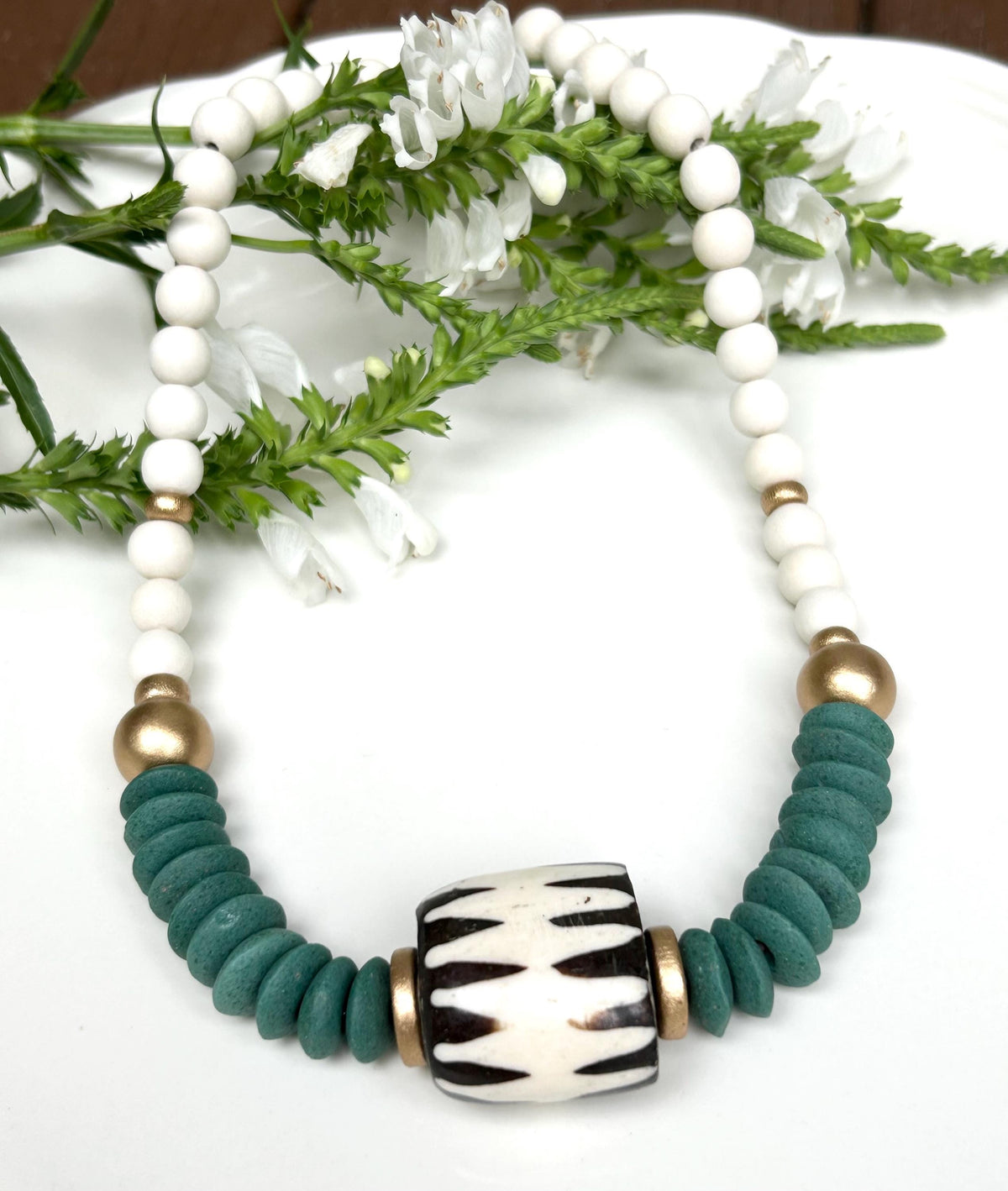 Green Wooden Bead Statement Necklace: Ashanti Glass & Bone Pendant