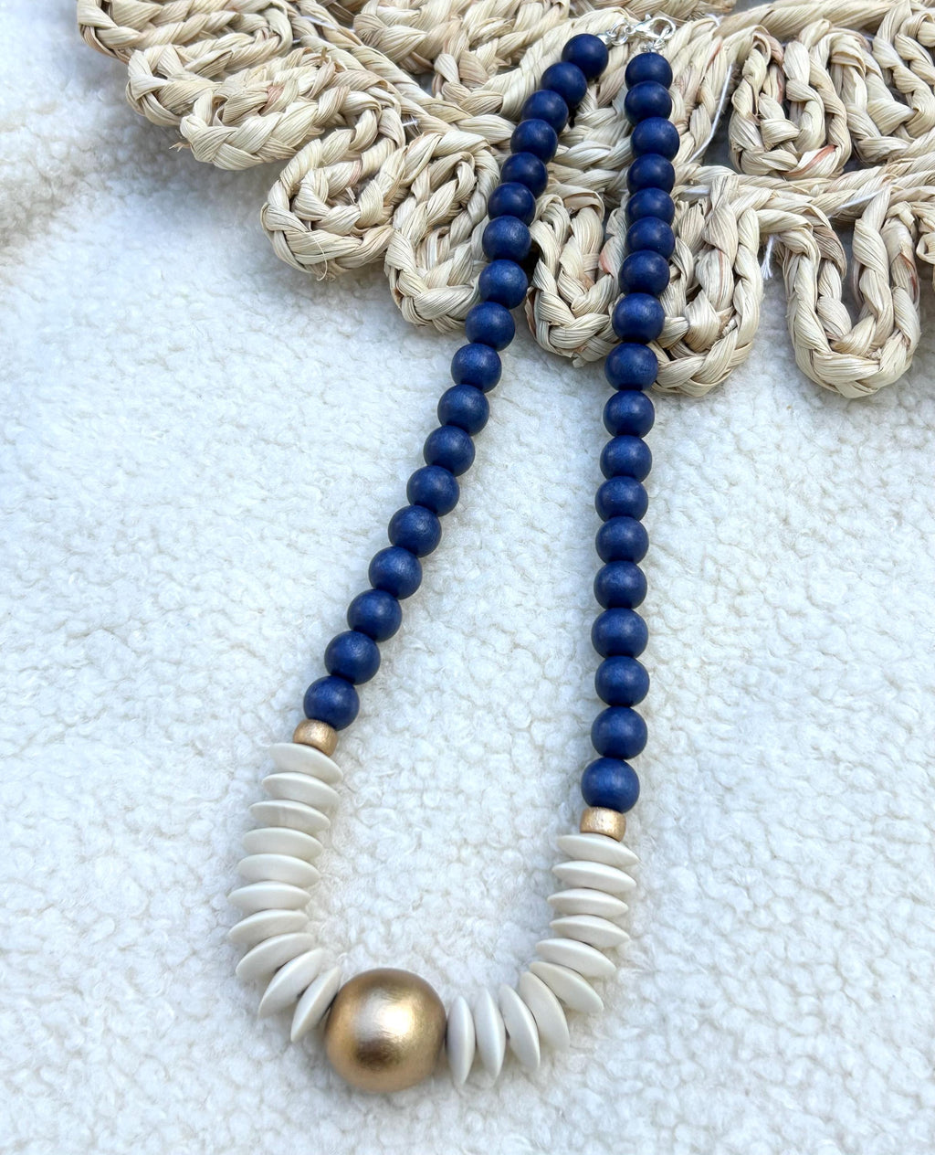 Blue and white Statement necklace beaded jewelry wooden bead lightweight game day jewelry