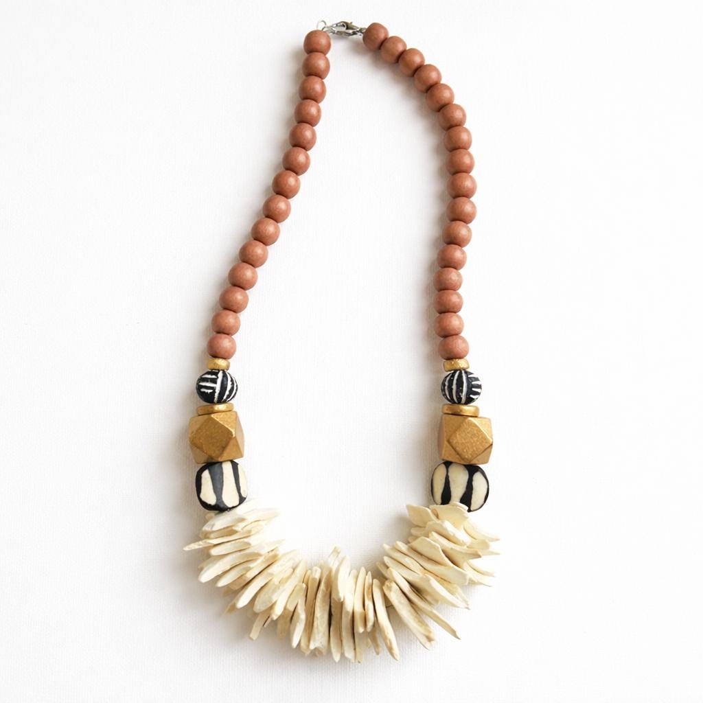 Orange Black White Handmade Beaded Statement Necklace