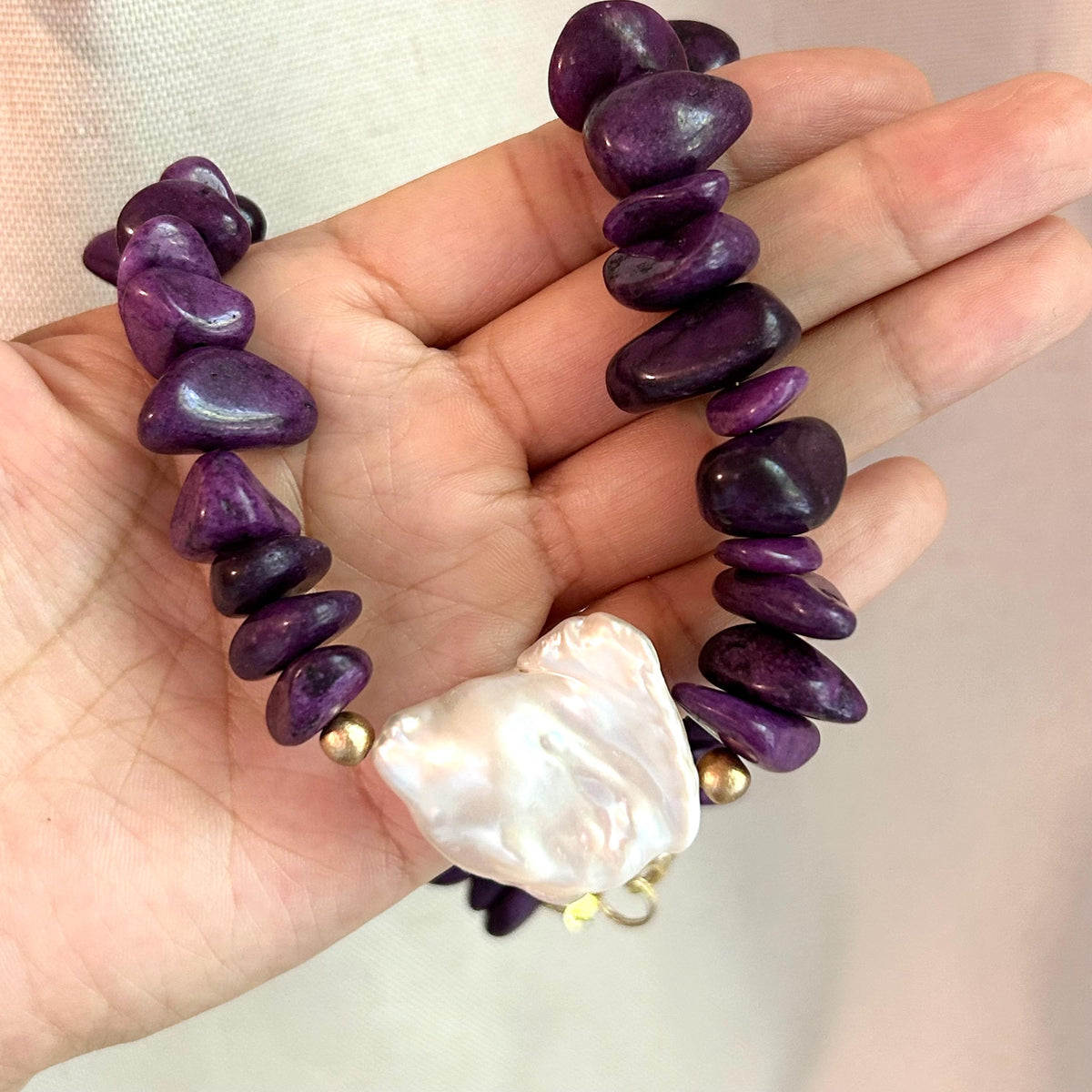 Purple Stone Beaded Statement Necklace: Baroque Pearl Pendant
