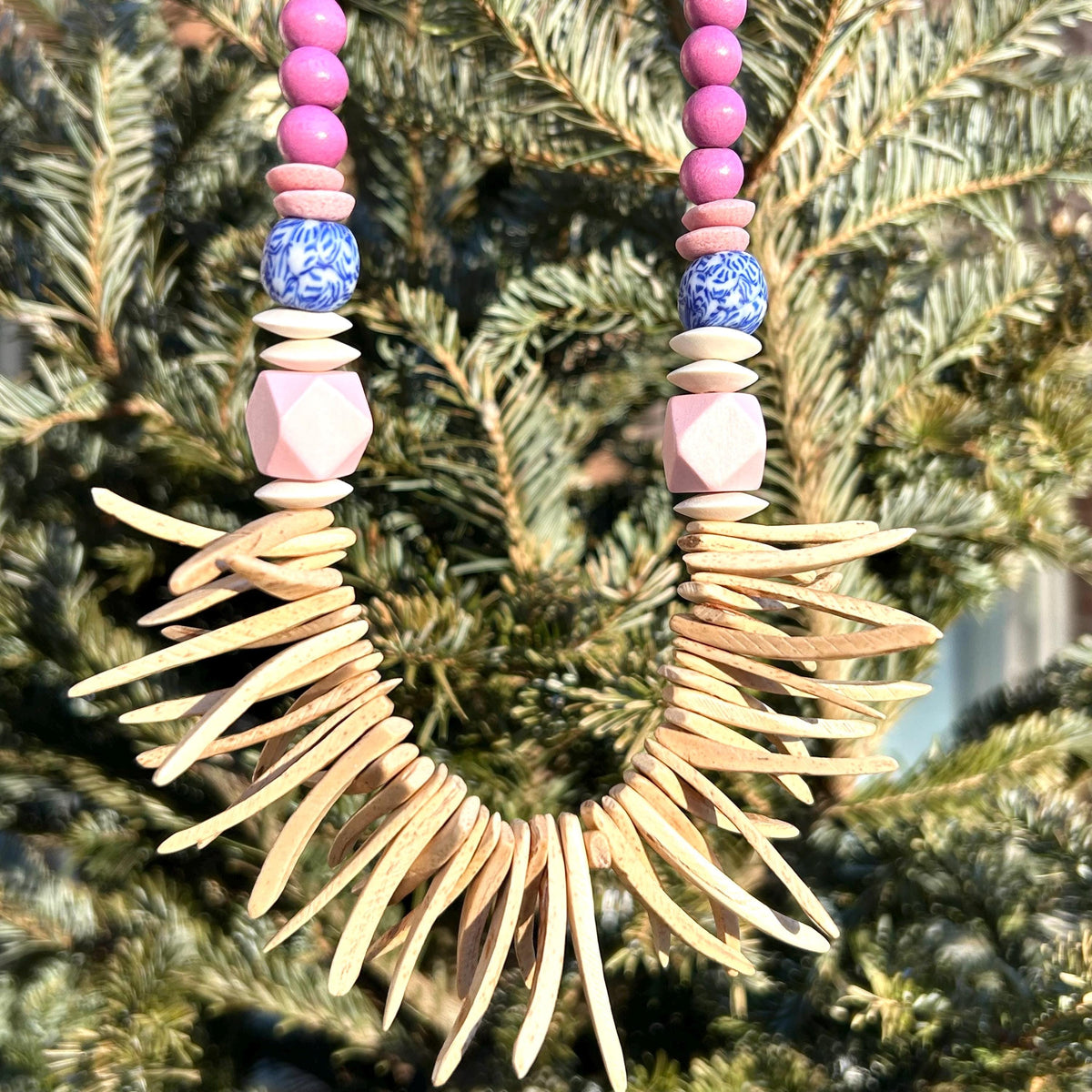 Chunky Wood Coconut Bead Necklace: Pink, Cream, Blue Statement Jewelry