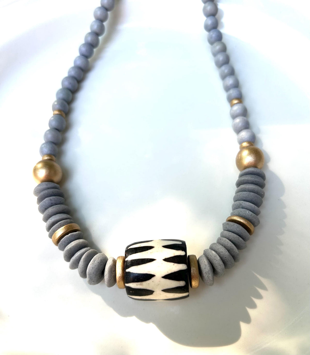 Handmade Wooden Bead Necklace: Ashanti Glass Bead, Bone Pendant