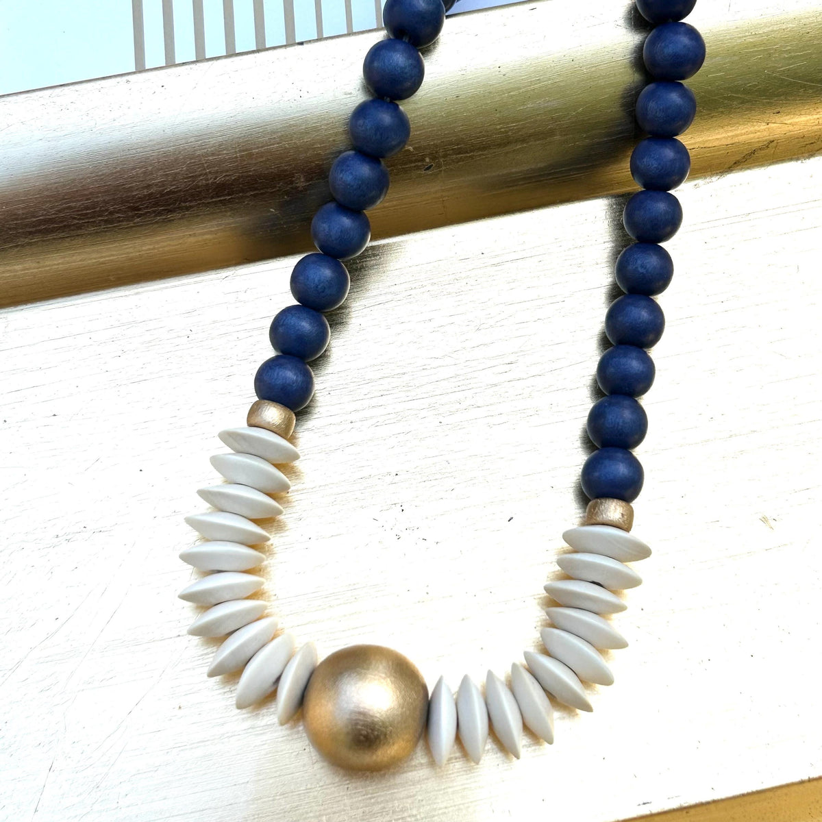 Blue and white Statement necklace beaded jewelry wooden bead lightweight game day jewelry