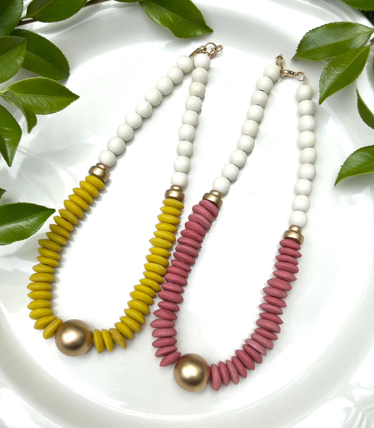 Statement Necklace, Pink, Yellow, White Ashanti Glass Beads, Golden Focal Bead