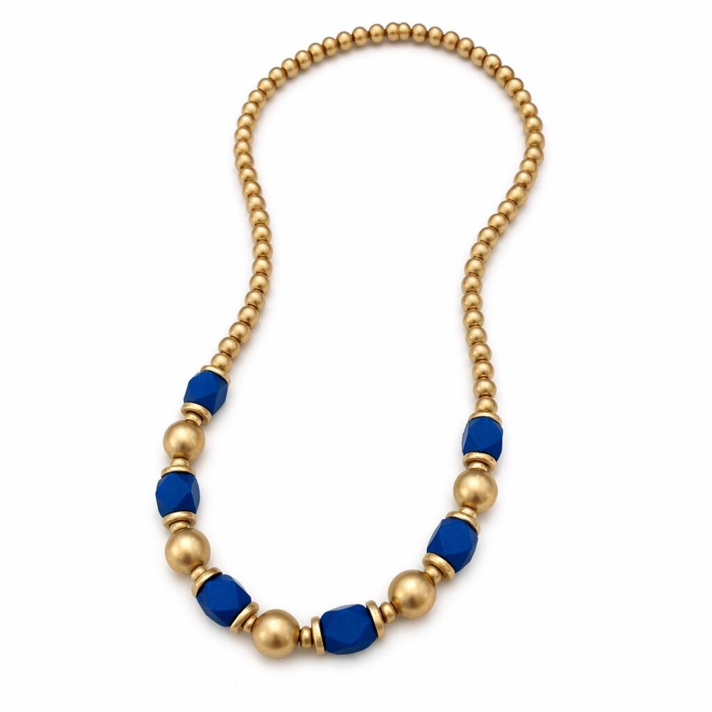 Blue and Gold Wooden Beaded Necklace, 30 Inch Statement Jewelry