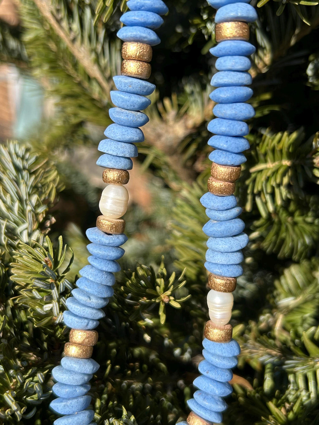 Blue Beaded Statement Necklace: Ashanti Glass Beads and Pearls, UNC Game Day Jewelry