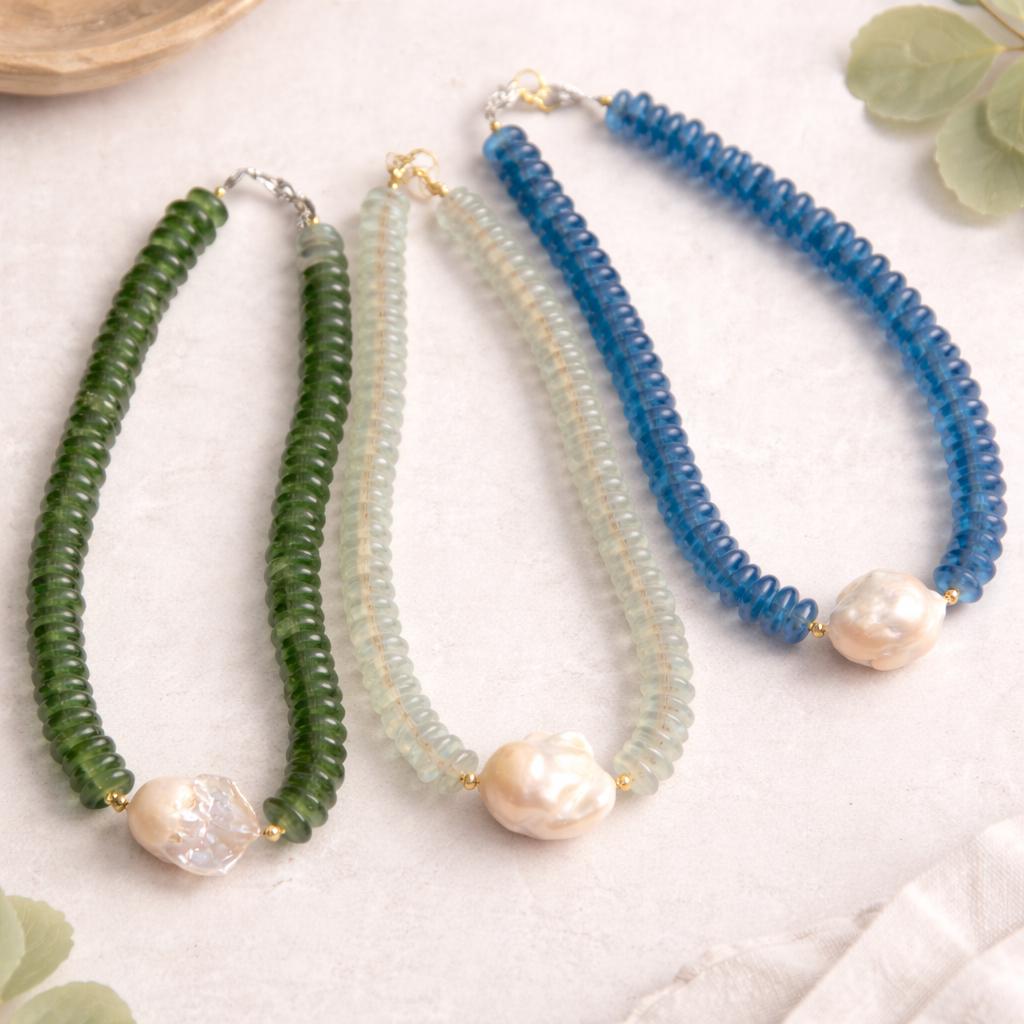 Blue Ashanti Glass Beaded Statement Necklace: Baroque Pearl Pendant