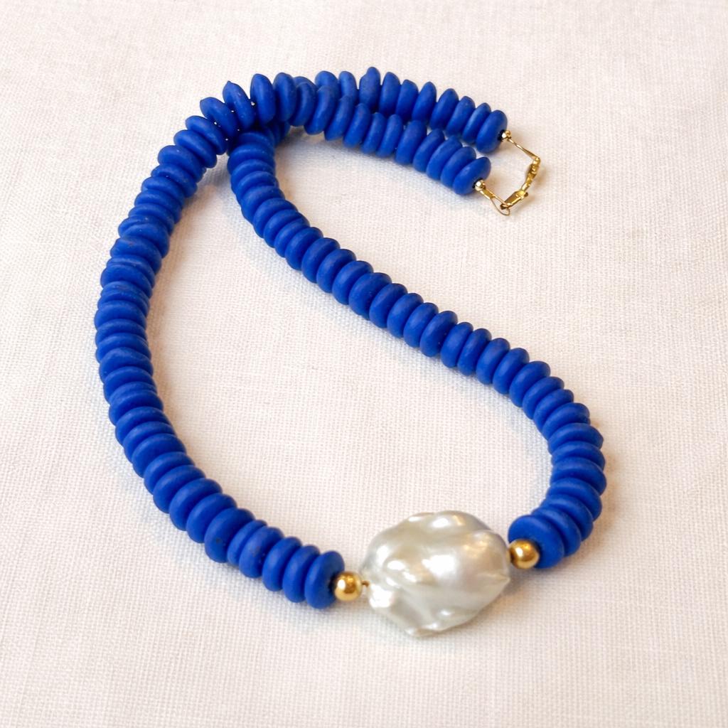 Blue Ashanti Glass Beaded Statement Necklace: Baroque Pearl Pendant