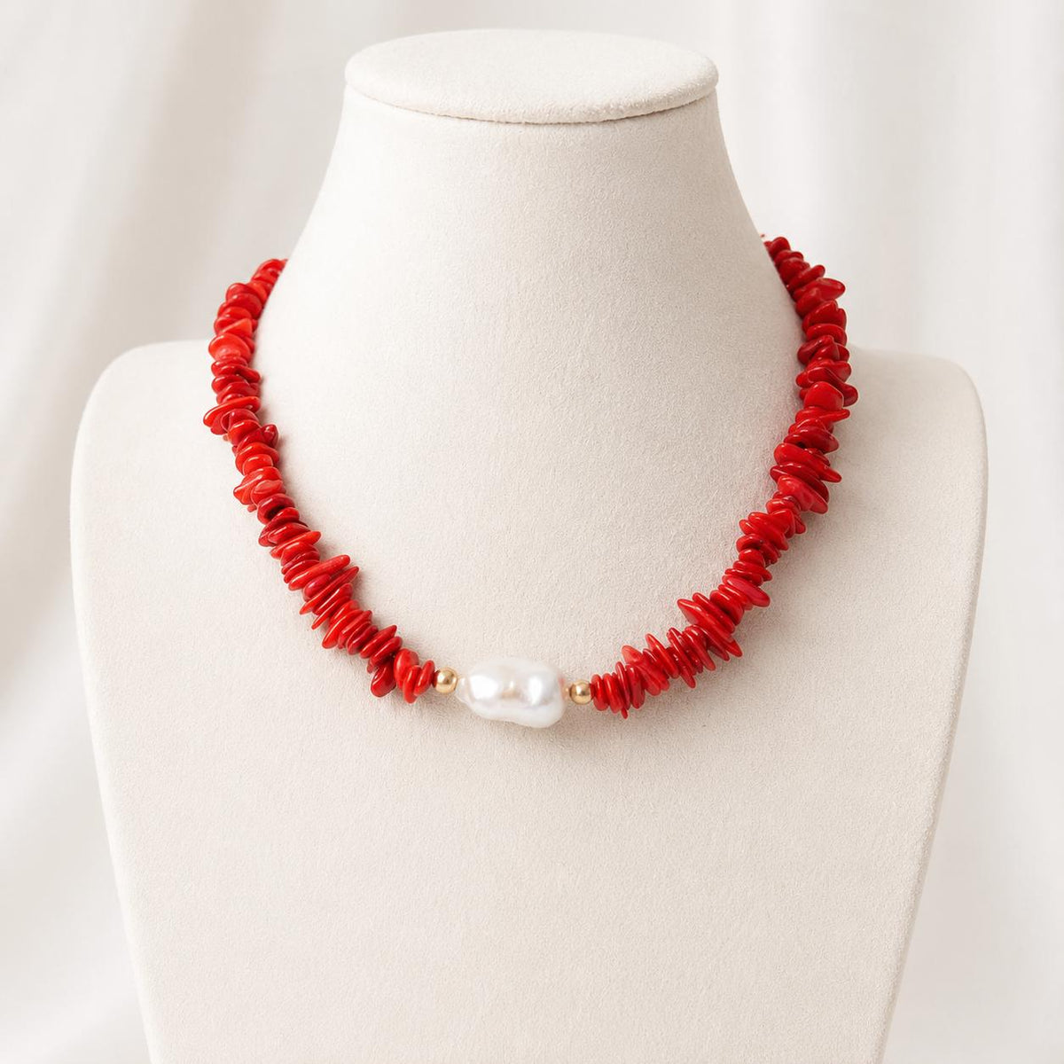 Red Shell Beaded Statement Necklace, Baroque Pearl Pendant