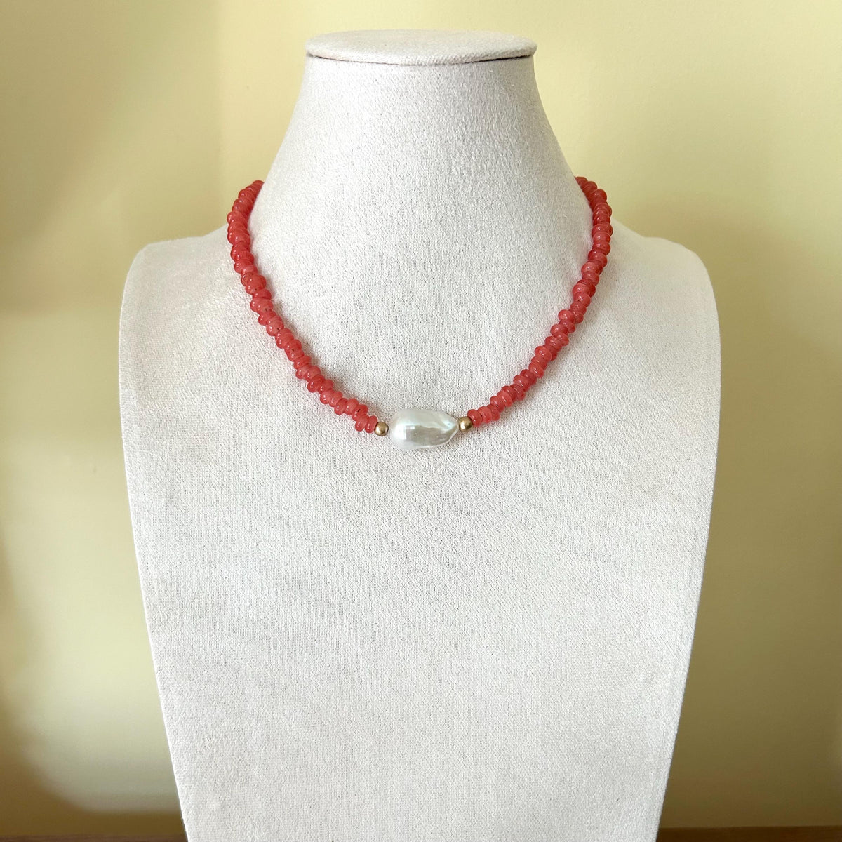 Red Glass Beaded Statement Necklace: Glass Beads, Baroque Pearl Pendant