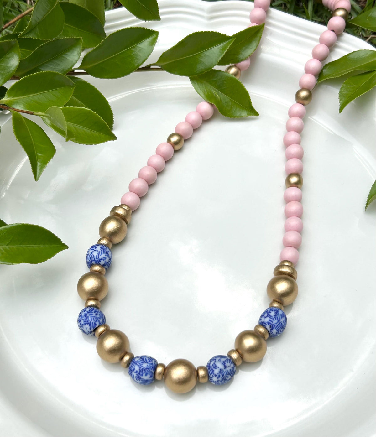 Handmade Beaded Statement Necklace: Pink, Gold, and Chinoiserie Beads
