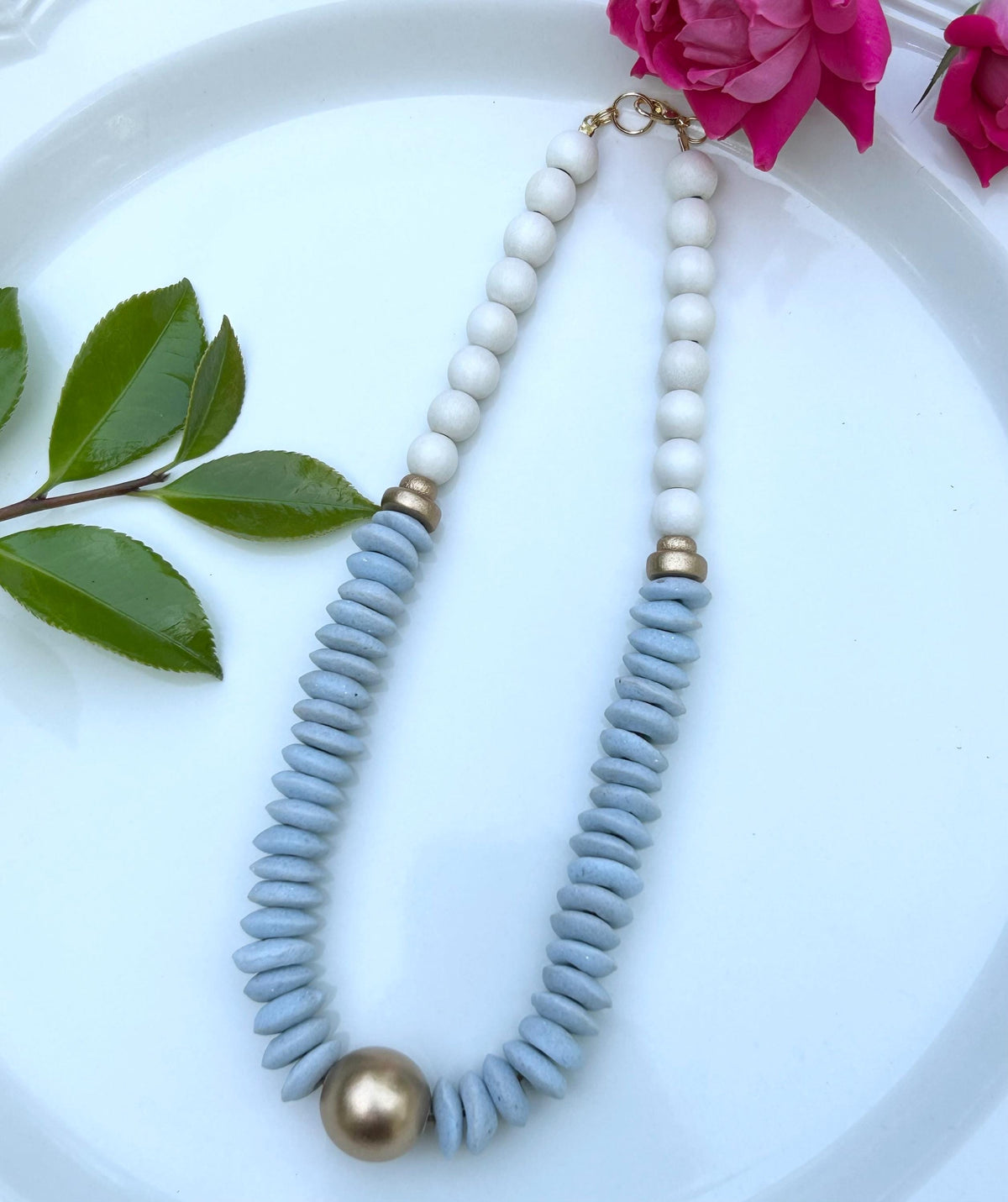 Light Blue & White Wooden Beaded Statement Necklace with Gold Accent UNC Ashanti Glass Beads