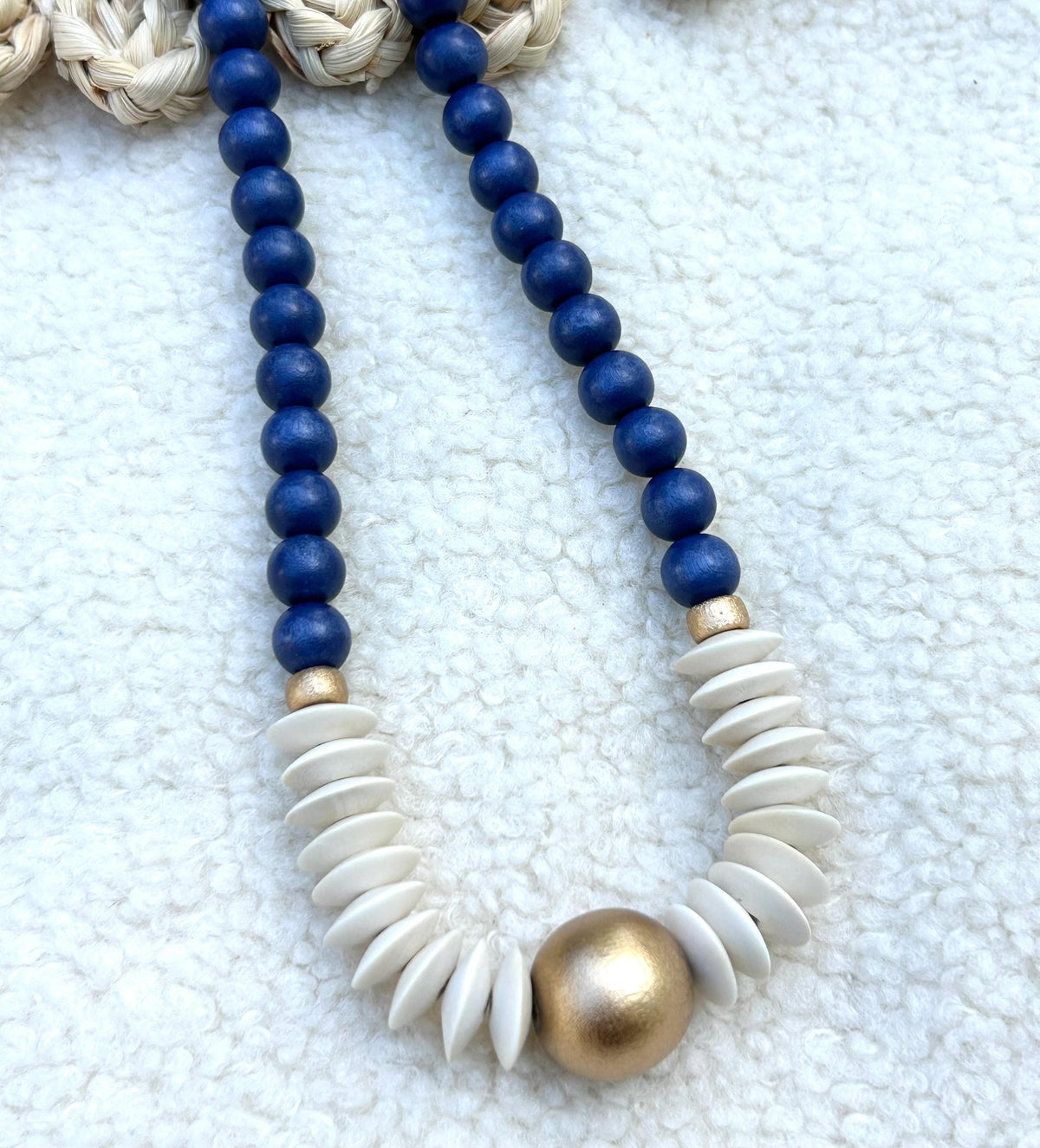 Blue and white Statement necklace beaded jewelry wooden bead lightweight game day jewelry