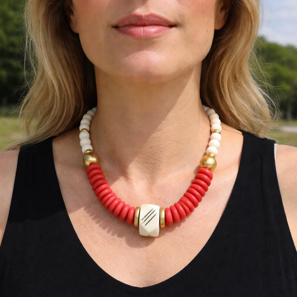 Red Ashanti Beaded Statement Necklace: Game Day Jewelry