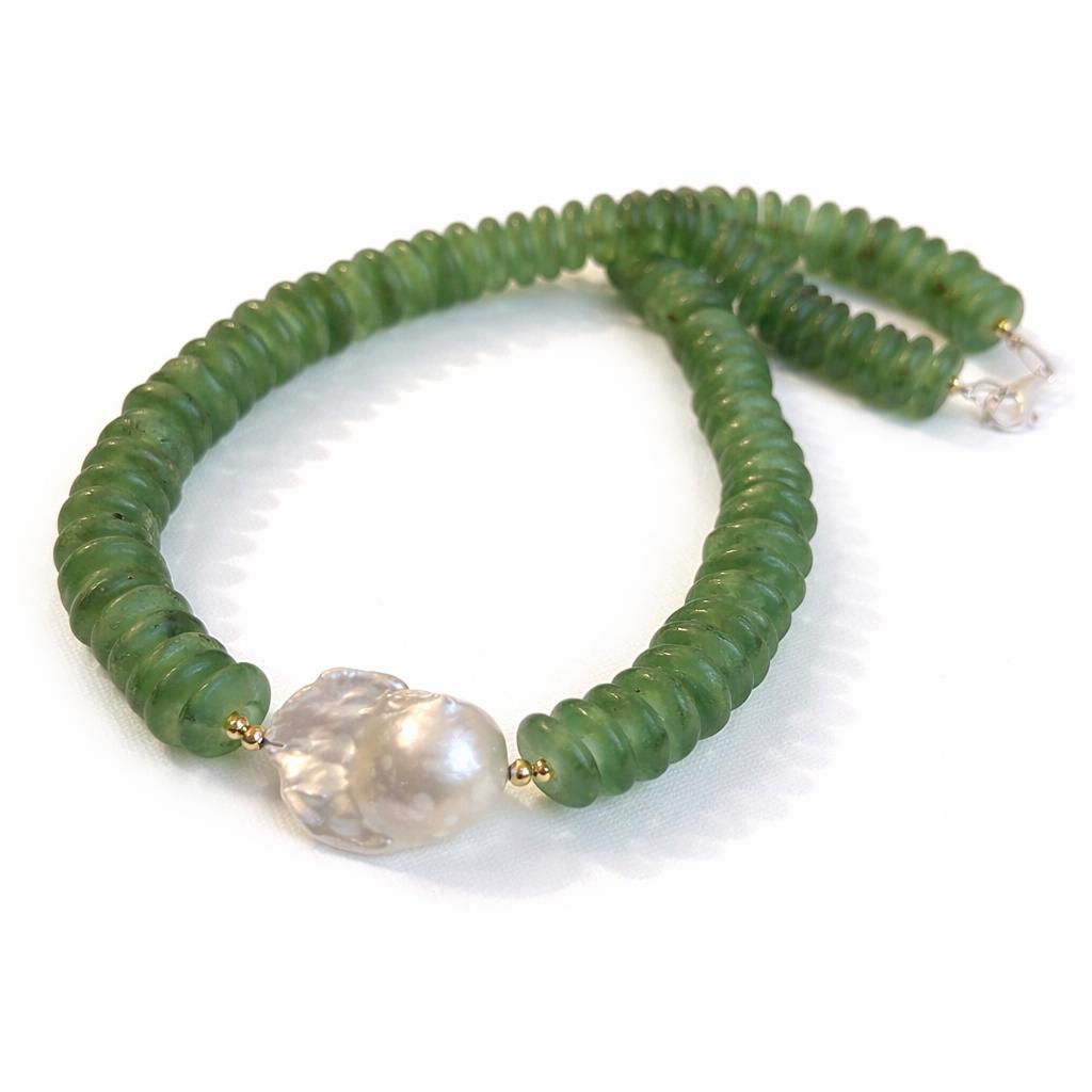 Green Glass Beaded Statement Necklace: Glass Beads, Baroque Pearl Pendant