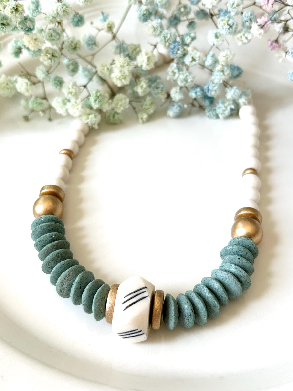 Green Beaded Statement Necklace: Bone & Wooden Bead Jewelry