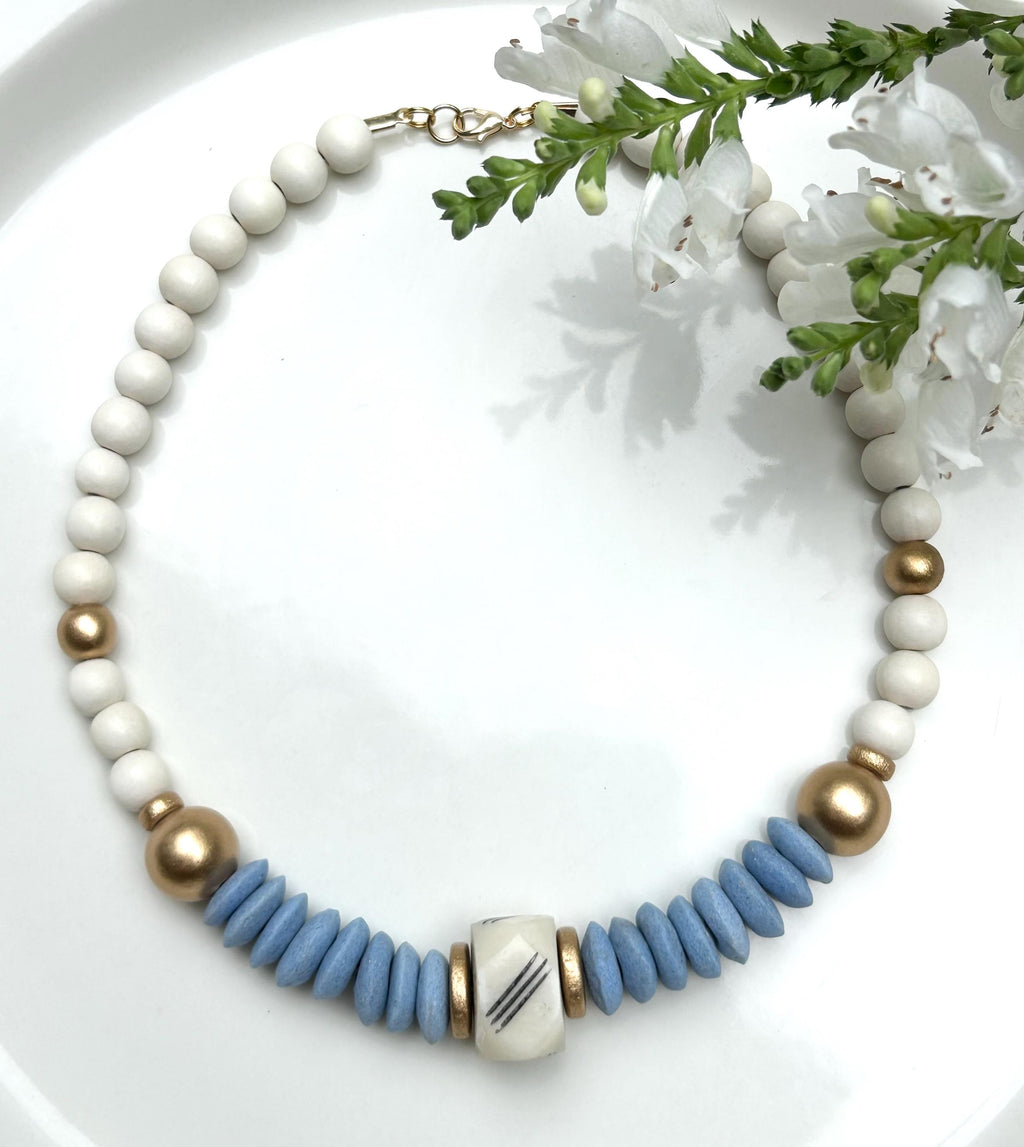 Blue Beaded Statement Necklace, Bone, Ashanti Glass, Boho Artisan Jewelry, Easter gift