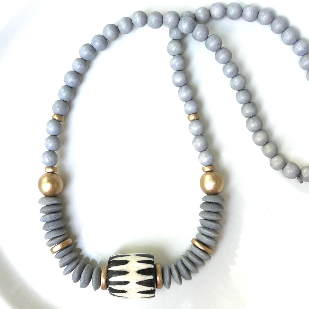 Handmade Wooden Bead Necklace: Ashanti Glass Bead, Bone Pendant