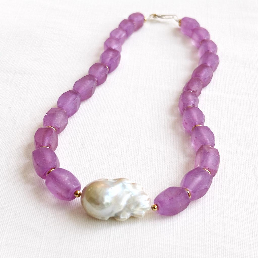 Purple Glass Beaded Statement Necklace: Glass Beads, Baroque Pearl Pendant