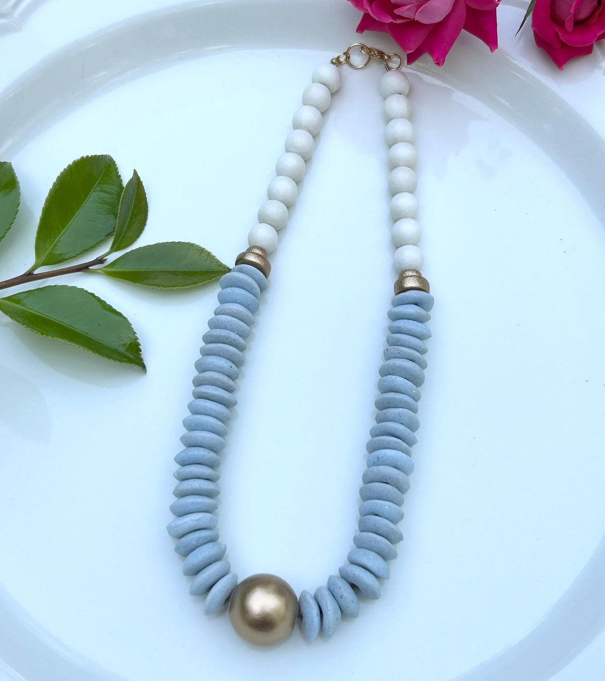 Light Blue & White Wooden Beaded Statement Necklace with Gold Accent UNC Ashanti Glass Beads