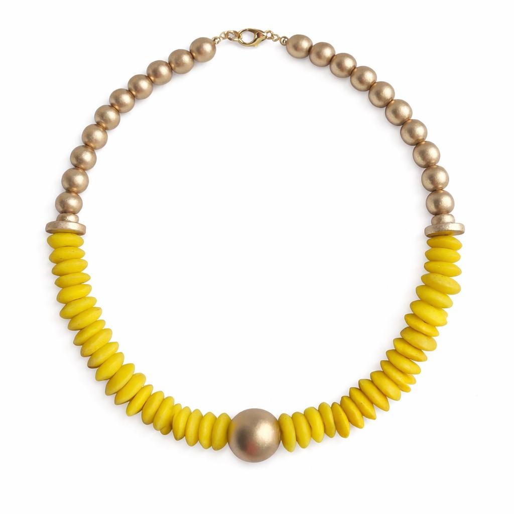 Easter Yellow Beaded Statement Necklace: Golden Bead Accent and Ashanti Glass Beads
