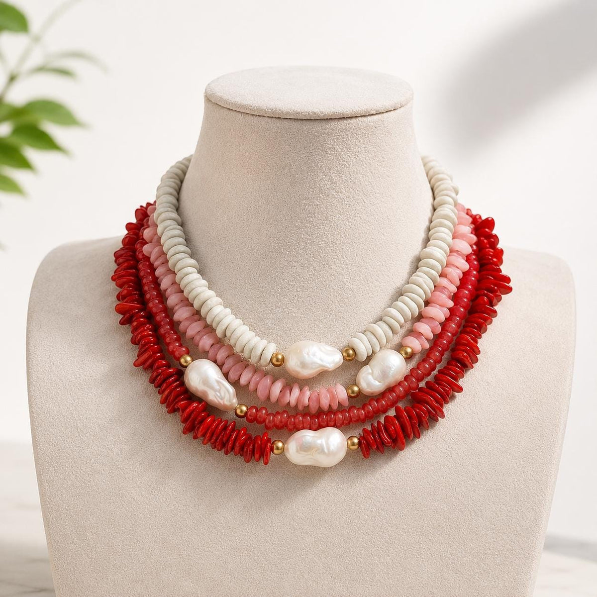 Red Shell Beaded Statement Necklace, Baroque Pearl Pendant