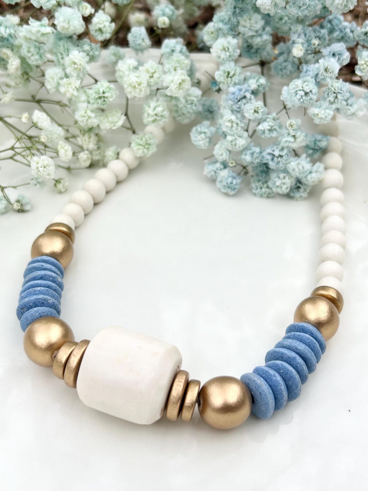 Beaded Statement Necklace: Bone Bead, Carolina Blue Ashanti Glass Beads