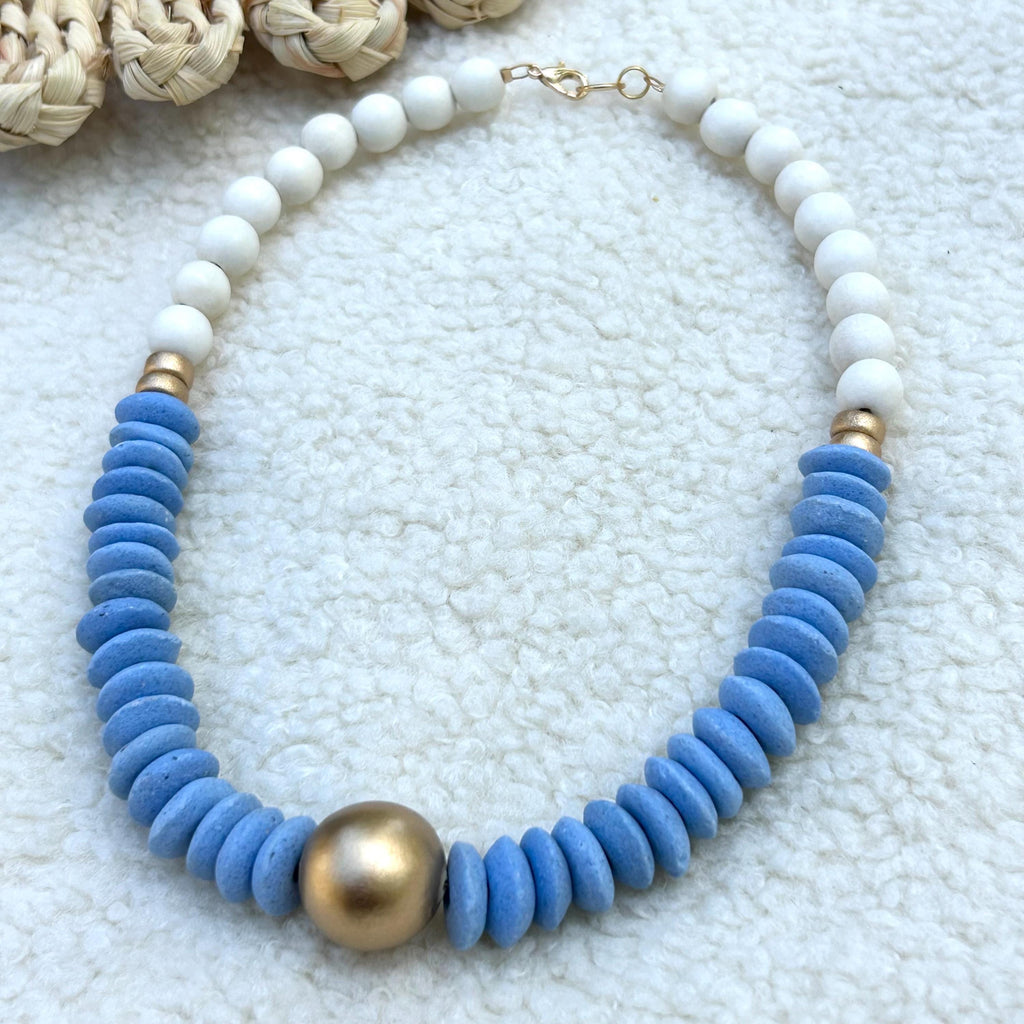 Carolina Blue Statement Necklace, Ashanti Glass, Wooden Beads, Gameday Jewelry