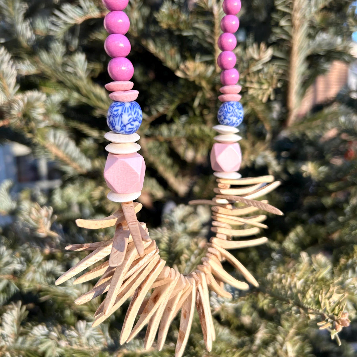 Chunky Wood Coconut Bead Necklace: Pink, Cream, Blue Statement Jewelry