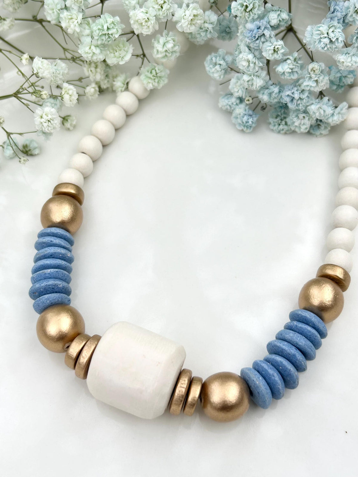 Beaded Statement Necklace: Bone Bead, Carolina Blue Ashanti Glass Beads