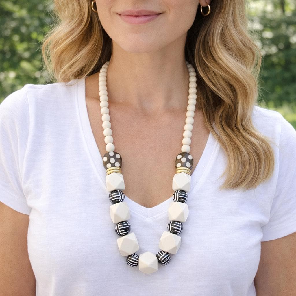 Chunky Wooden Bead Statement Necklace: Black & White Geometric Design