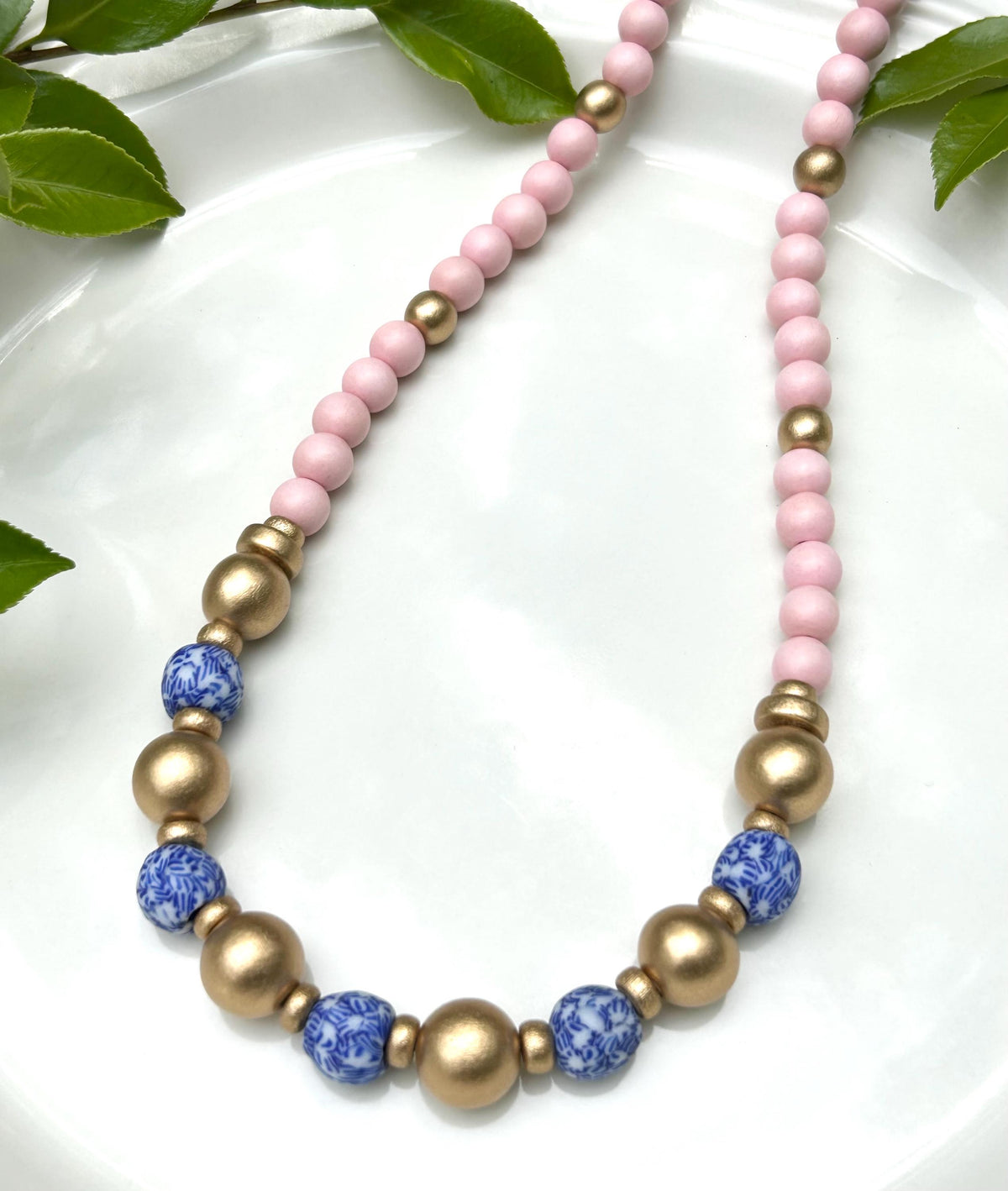 Handmade Beaded Statement Necklace: Pink, Gold, and Chinoiserie Beads