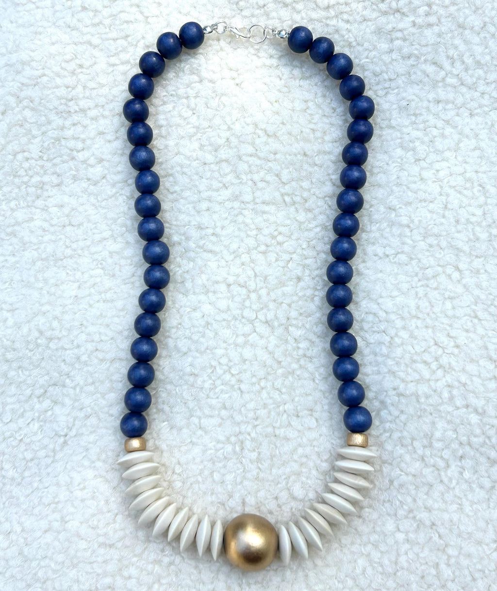 Blue and white Statement necklace beaded jewelry wooden bead lightweight game day jewelry