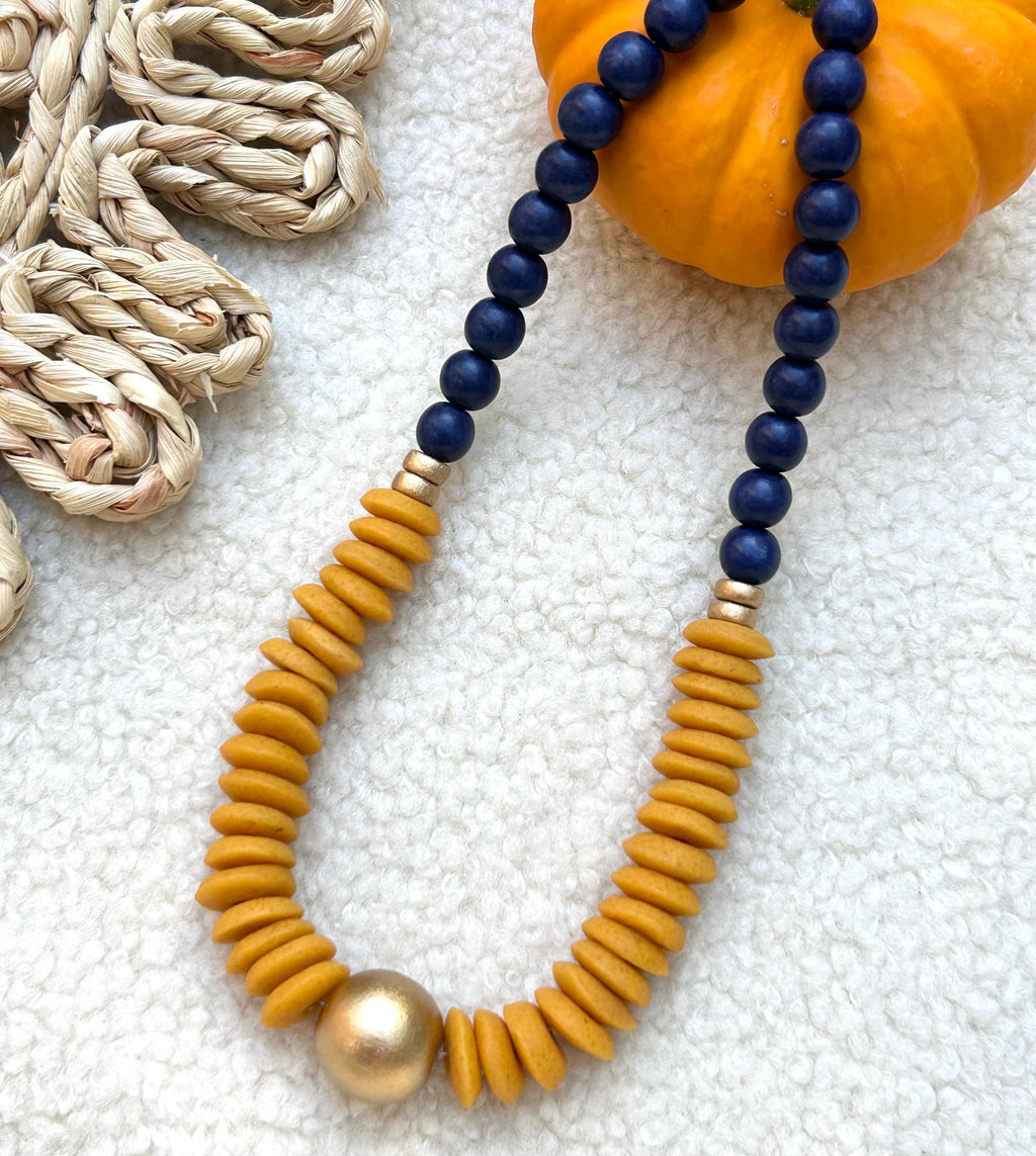Chunky Wooden Bead Statement Necklace Orange & Blue Colors Game Day Jewelry