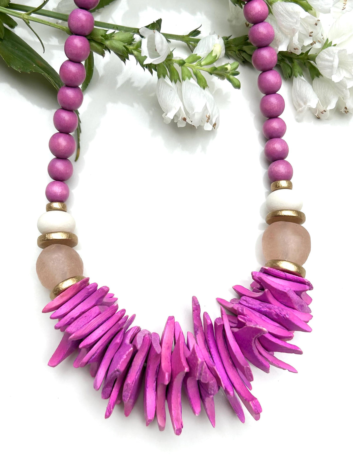 Magenta Wood Beaded Statement Necklace: Chunky Preppy Jewelry
