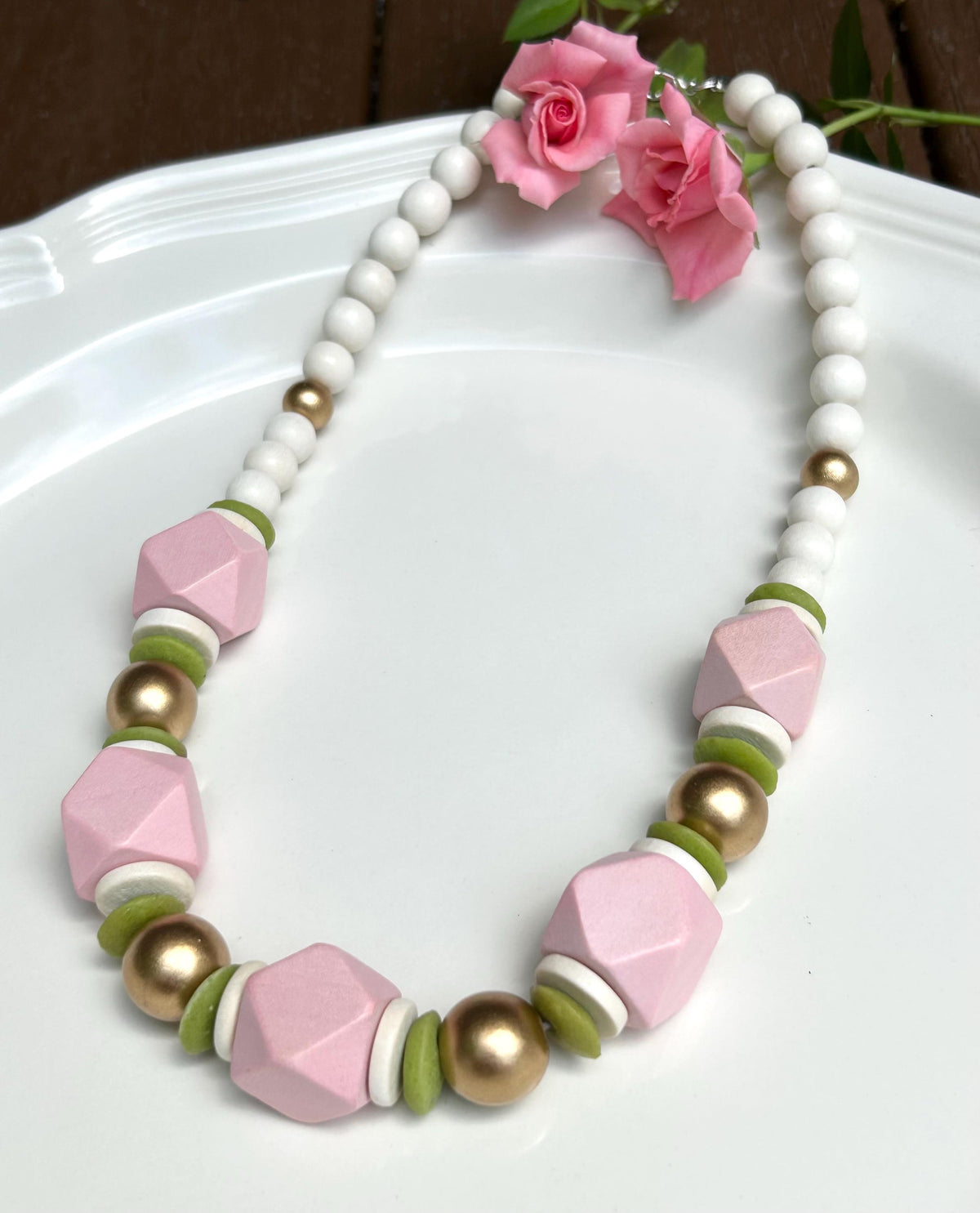 Wood Beaded Statement Necklace: Chunky Preppy Style, Handmade