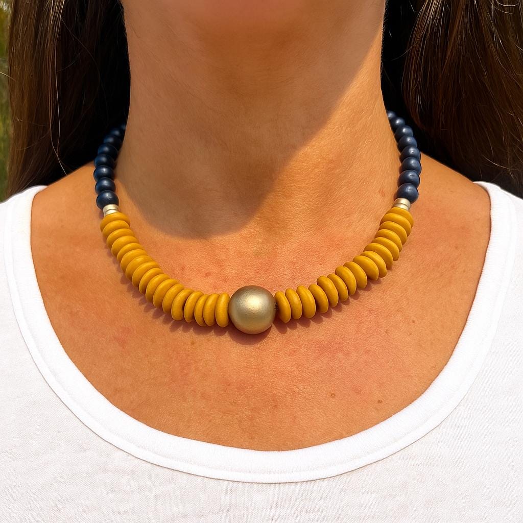 Chunky Wooden Bead Statement Necklace Orange & Blue Colors Game Day Jewelry