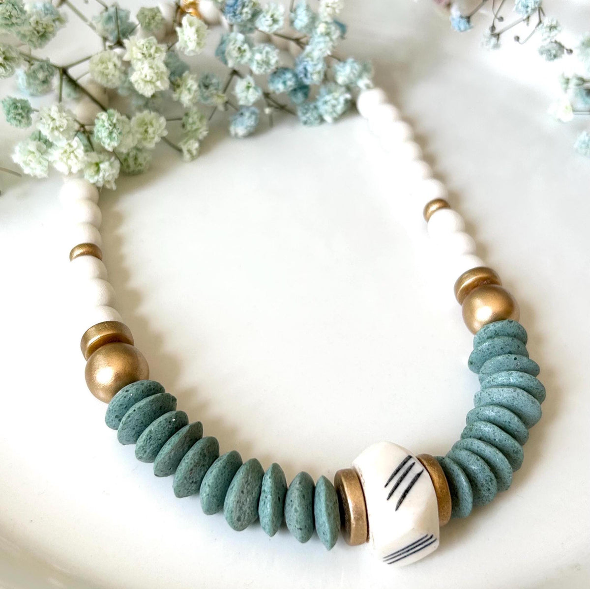 Green Beaded Statement Necklace: Bone & Wooden Bead Jewelry