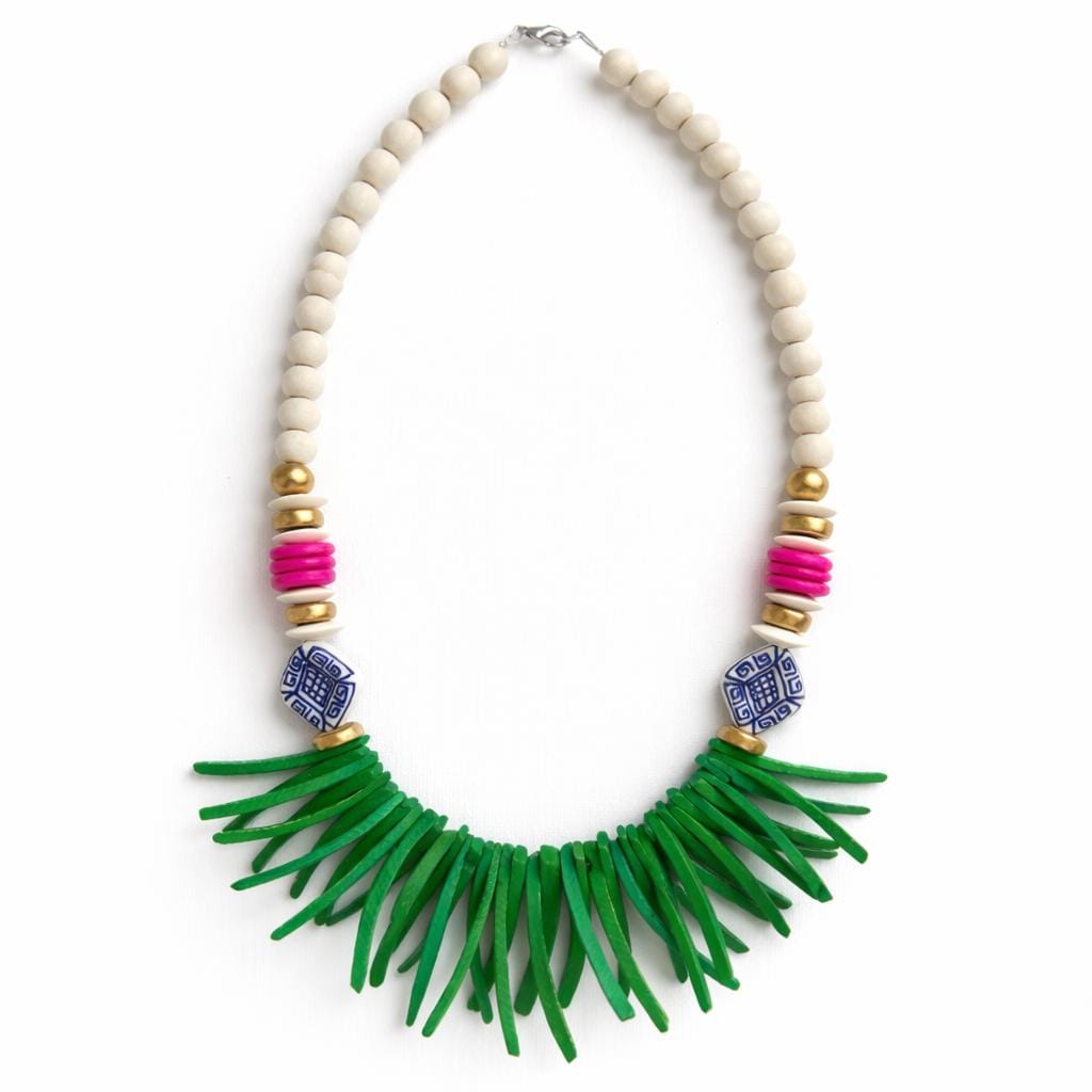 Handmade Beaded Statement Necklace: White, Pink, Green, and Chinoiserie Beads